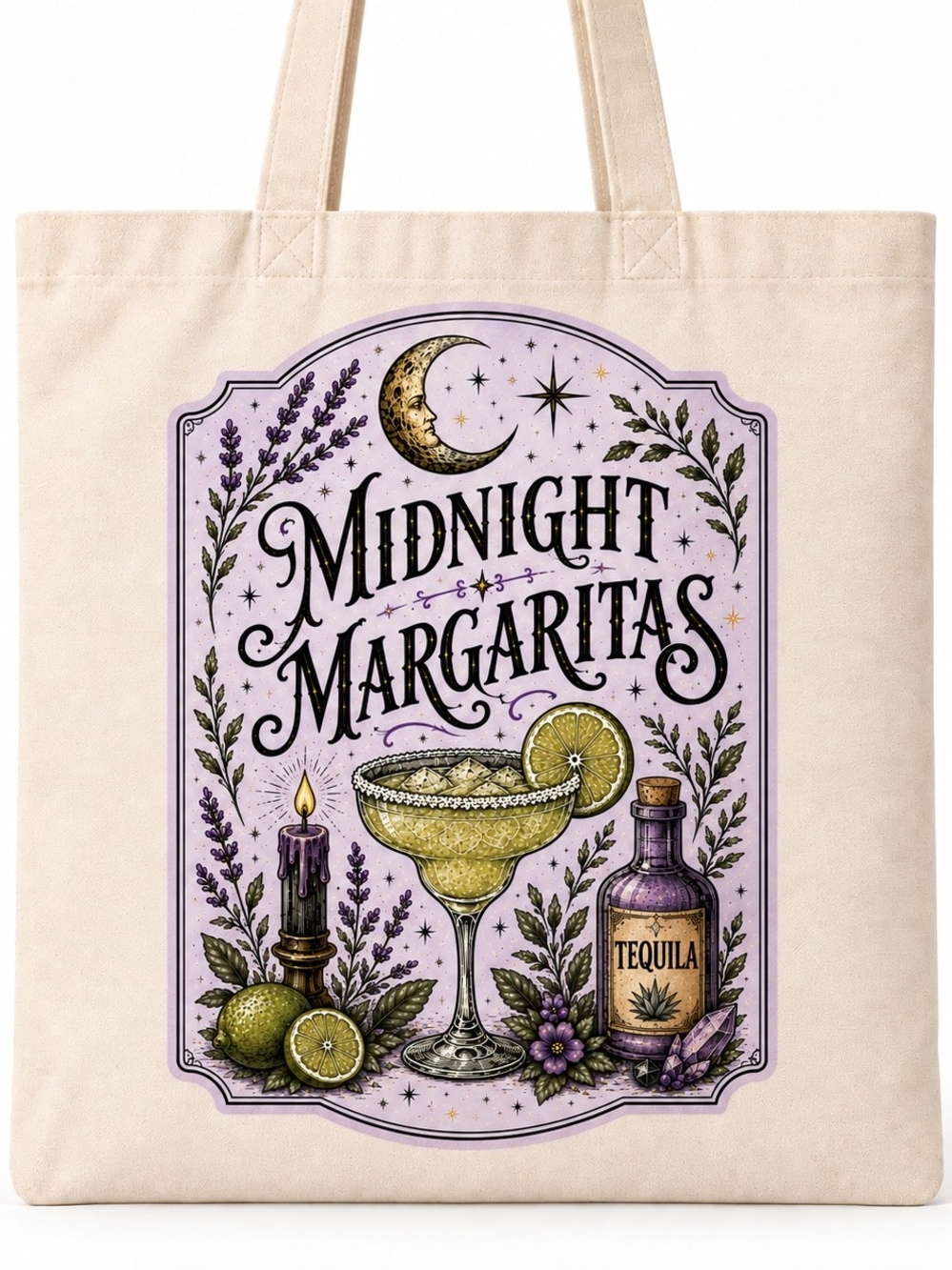 Midnight Margaritas Canvas Tote - Lavender & Lime Graphic